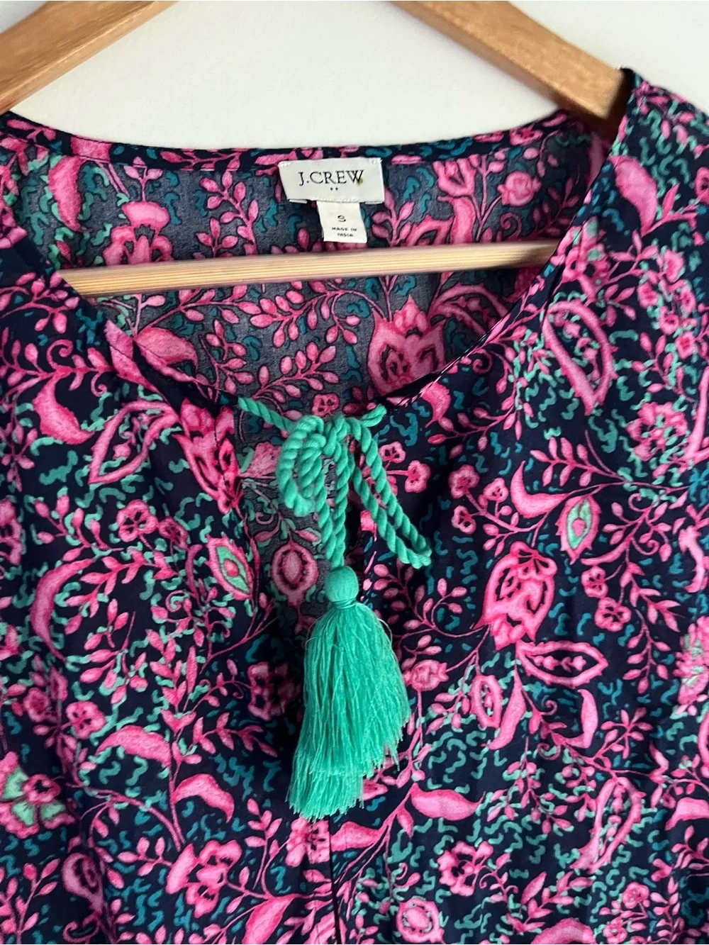J.Crew Printed Beach Tunic Swim Cover Up Pink Navy Floral Boho Paisley Tassel S